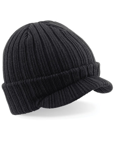 Beechfield Knitted Black Peaked Beanie